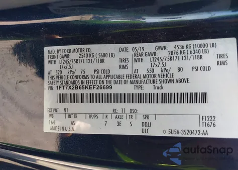 2019 Ford F-250 Xl from USA, damaged, VIN 1FT7X2B65KEF26699